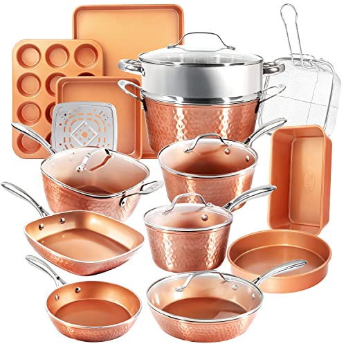 Gotham Steel Hammered 20 Pc Ceramic Cookware Set Nonstick. True Ceramic Pots and Pans Set Non Stick with Deep Square Pan Set & Bakeware Set. Non Toxic PFOA PFOS Free. Oven & Dishwasher Safe